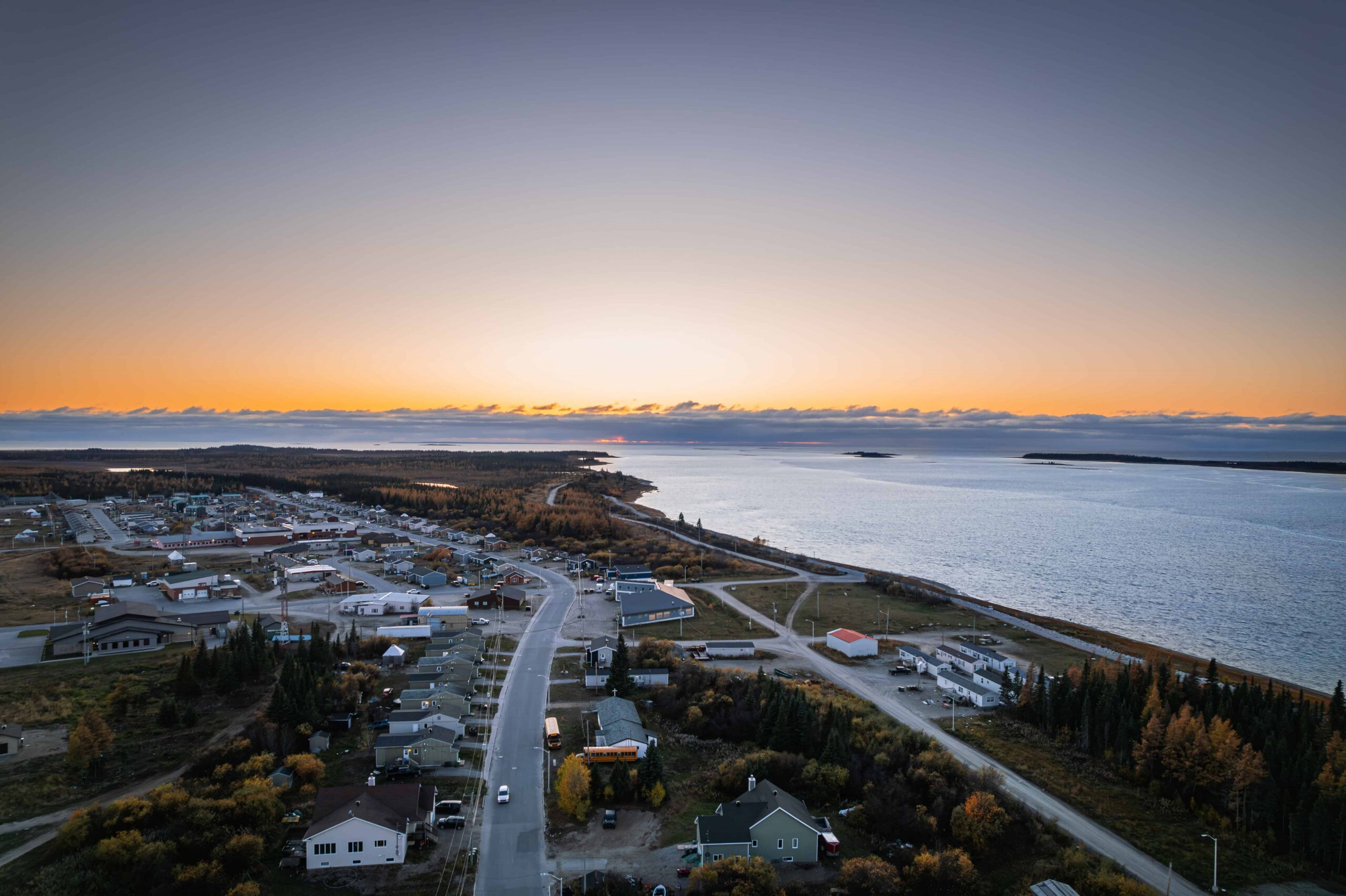 Aerial view of the Nadoshtin Residence at sunset.