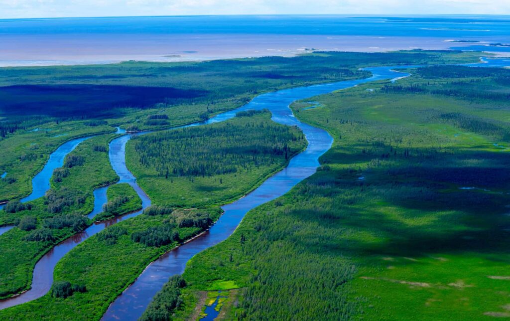 Rivière traversant des terres verdoyantes.